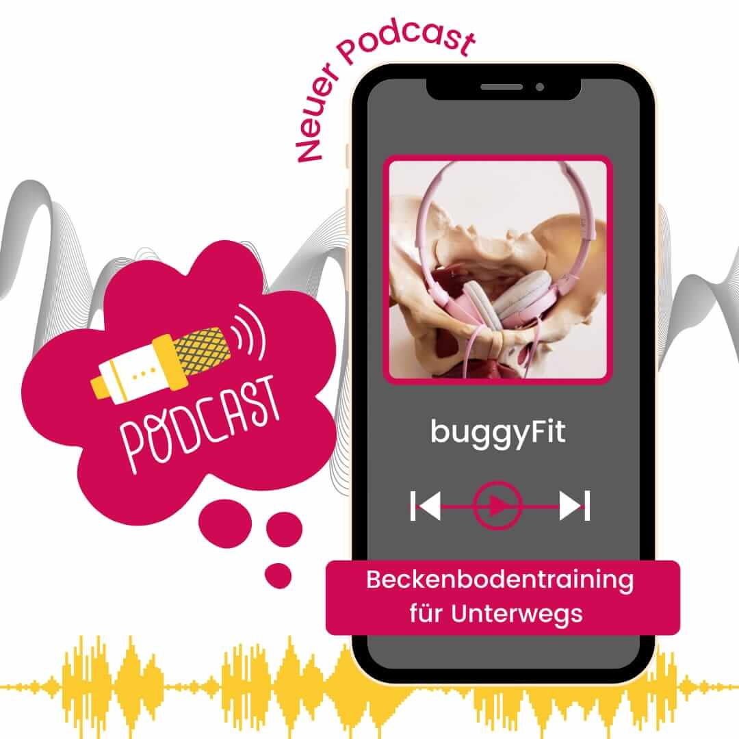 Podcast, Beckenbodetraining to go. Grafik vom Handy mit einen Beckenboden und Kopfhöreren.